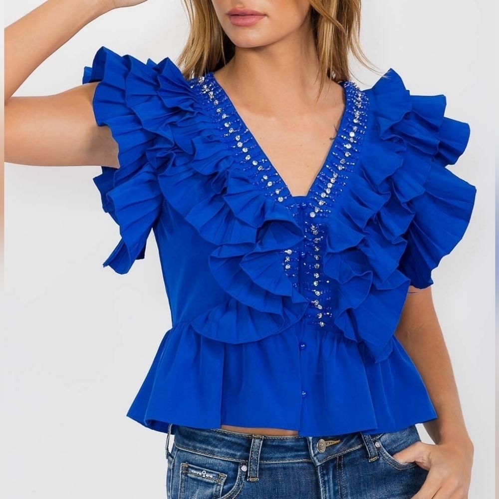 Beulah Style Cobalt Blue Embellished Top Ruffles Detail V-Neck